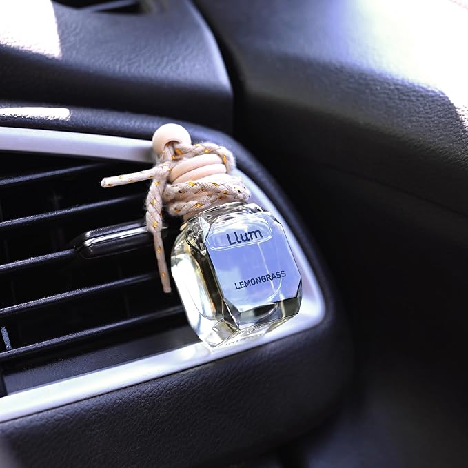 Llum Lemongrass Hanging Car Air Freshener – Luxury Automotive Perfume Diffuser 10ml (0.34 fl oz), Long-Lasting Fragrance, Alcohol-Free Non-Toxic Scent, Glass Bottle With Wood Cap & AC Vent Clip