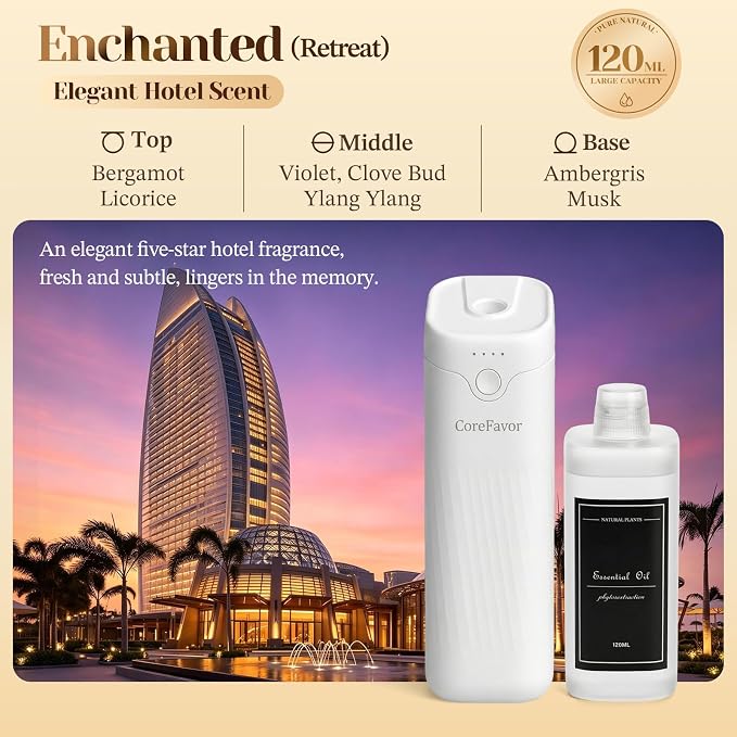 Waterless Essential Oil Diffuser with 120ml Oil, Portable Battery-Operated Cold Air Aroma Scent Machine, 4 Adjustable Intensity Levels, Quiet Diffuser for Bedroom Office Bathroom Car