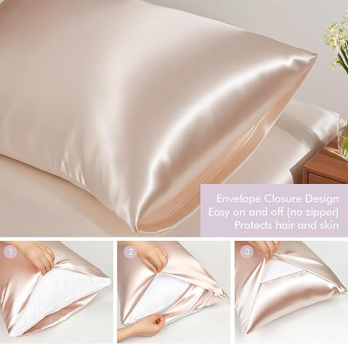 Vegan Silk Sleep Set – Satin Pillowcase, Eye Mask & Large Scrunchie for Hair and Skin – Frizz Free Beauty Sleep & Self Care Night Routine – Light Pink