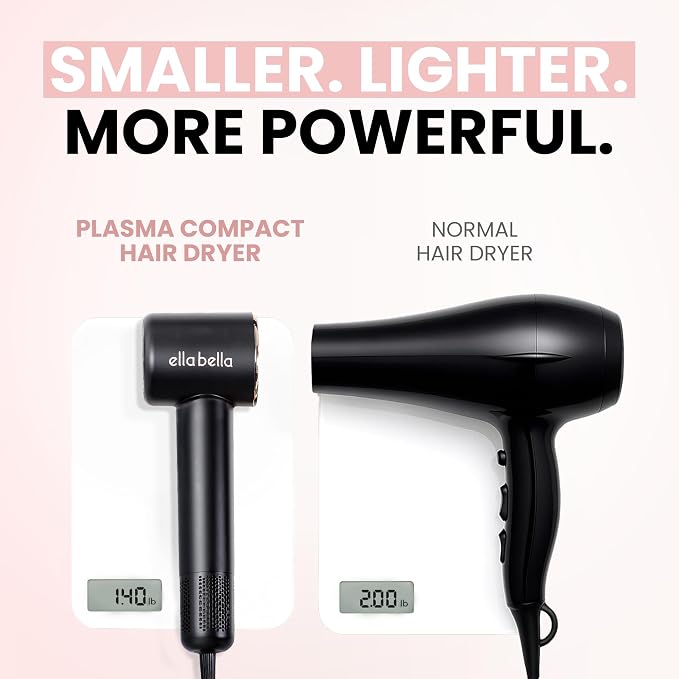 ELLA BELLA® Compact Plasma Hair Dryer, Advanced Plasma Technology Blow Dryer with Digital Display, Rapid Drying, Low Noise, & Luxury Velvet Travel Bag - Includes Diffuser & Nozzle- for All Hair Types