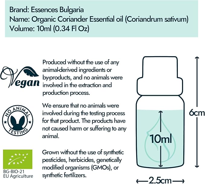 Essences Bulgaria Organic Coriander Essential Oil 1/3 Fl Oz | 10ml | Coriandrum sativum | 100% Pure and Natural | Undiluted | Therapeutic Grade | Family Owned Farm | Steam-Distilled | Non-GMO | Vegan