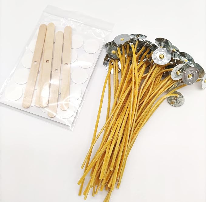 50 Pcs 8" Natural Candle Wicks,Pre-Waxed by Natural Beeswax & Tabbed with 60Pcs Candle Wick Stickers and 5 Pcs Wooden Candle Wick Centering Device, for Candle Making，Candle DIY