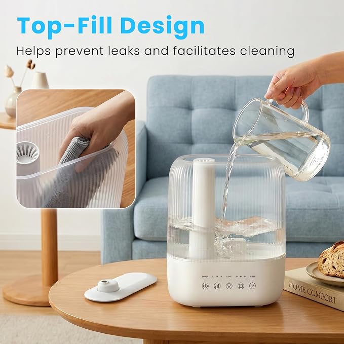 COWSAR Humidifier for Bedroom, 3L Top Fill Cool Mist Humidifier for Large Room, Easy to Fill & Clean, Quiet 22dB, Baby Humidifier, Nightlight, Timer/Sleep Mode, 360° Nozzle, Aromatherapy Tray, White
