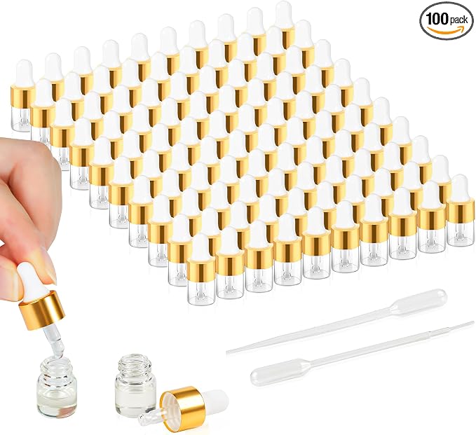 100pcs Mini Glass Dropper Bottle for Essential Oil,1ml Small Clear Sample Dropper Vails with Gold Cap,Perfume Cosmetic Liquid Containers for Traveling