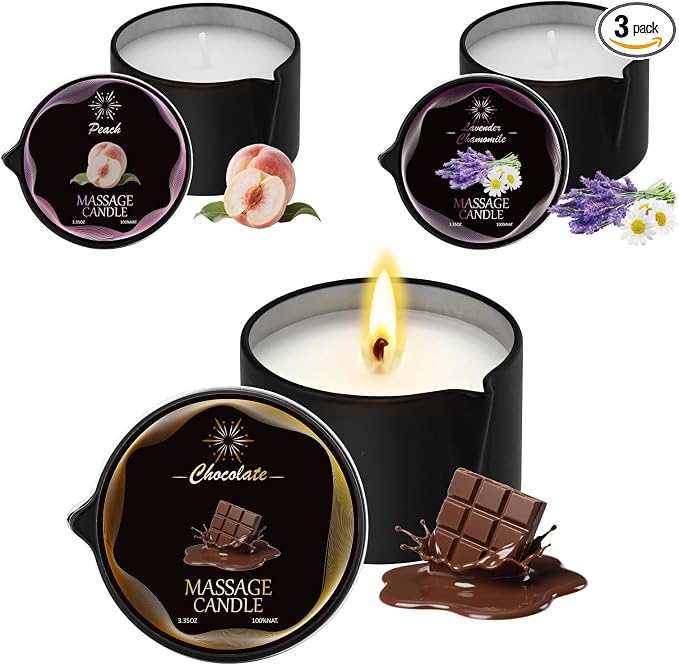 3 Pack Low Temperature Massage Candle & Lotion Candle Set, Soy Wax with Jojoba & Shea Butter, Melts into Moisturizing Skin Oil for Home Spa & Relaxation, 2.35 oz - 3 Scents