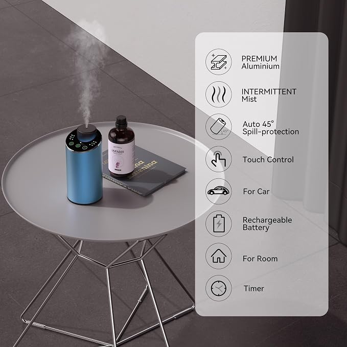 Waterless Essential Oil Diffuser Aromatherapy Scent Diffusers for Home Large Room, Bedroom, Car, Office, Desk, Battery Operated Mini Portable Air Freshener, 3 Countdown Timers & 3 Mist Levels