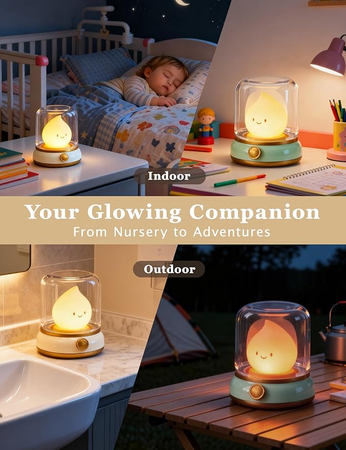 Smiley Night Light, Rechargeable Bedside Lamp with Timer & Dimmable Candle Flame, Portable LED Light for Baby Nursery, Bedroom, Camping - Cute Desk Decor & Gift