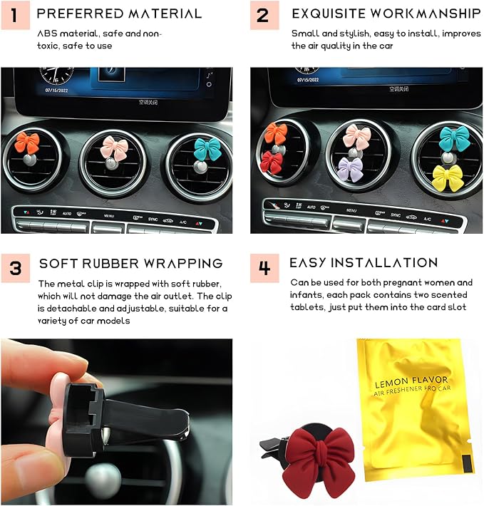 KVAEY 9 PCS Pink Bow Car Air Freshener, Automotive Cute Pink Bow Air Outlet Clips with Scent Pieces, Universal Coquette Car Air Vent Diffuser for Women and Girls (Purple)