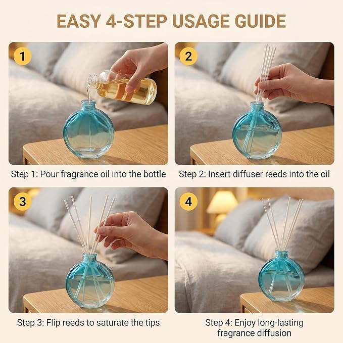 1 Pack 150ml/5oz Flat Round Blue Glass Reed Diffuser Bottles, Refillable Aromatherapy Essential Oil Bottles for Bathroom, Home & Office Decor
