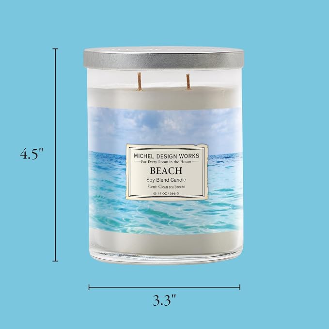 Michel Design Works Beach Scented Candle, 14 oz Soy Blend Dual Wick Candle, Glass Tumbler Jar with Lid, 75 Hour Burn Time, Clean Marine Coastal Home Fragrance Gift