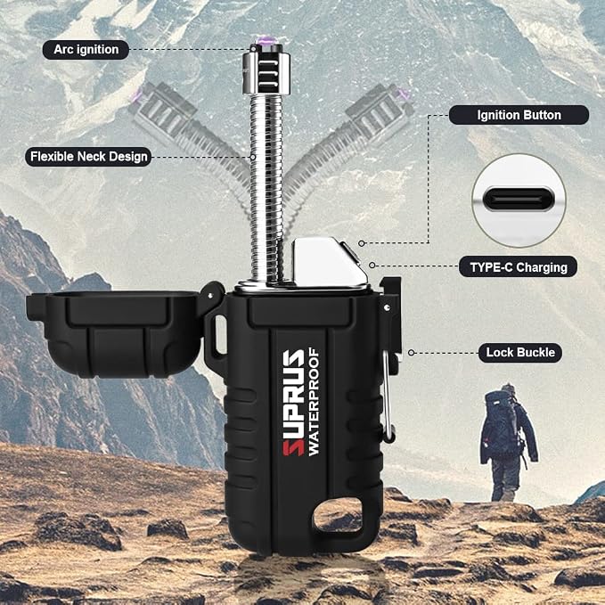 SUPRUS Waterproof Lighter Windproof Lighter Arc Plasma Lighters USB-C Rechargeable with Expandable and Flexible Neck for Outdoor, Camping & Kitchen (Black, 2Packs)