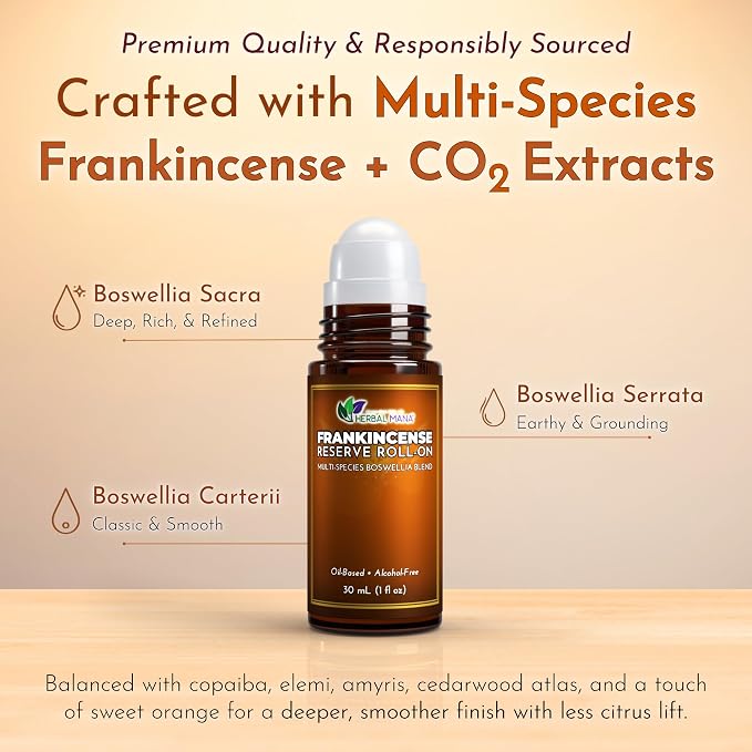 Frankincense Reserve Essential Oil Roll-On, 30mL (1 fl oz) – Deep Resin Blend with CO2 Extracts – Pre-Diluted in Fractionated Coconut Oil (FCO) – Oil-Based, Alcohol-Free Aromatherapy Roller