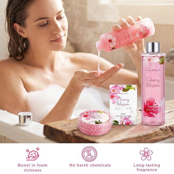 Body & Earth Spa Gifts for Women Self Care Kit - 8pcs Cherry Blossom & Jasmine Bath Sets for Women, Birthday, Mother's Day Gift Baskets for Mother, Wife, Girlfriends