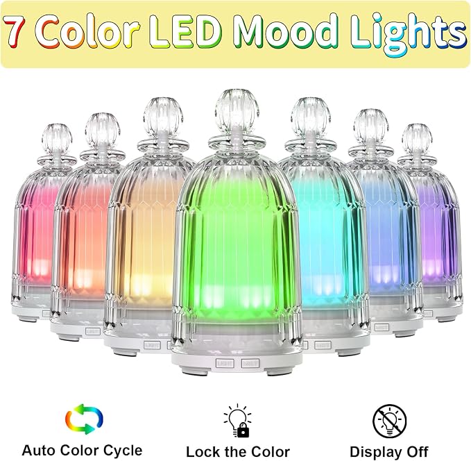 Glass Essential Oil Diffuser, Aroma Diffusers with Glass Cover & Plastic Reservoir Small Humidifiers with 7 Color LED Lights Auto-Off for Home Office Bedroom Yoga 120ml(White Bottom)