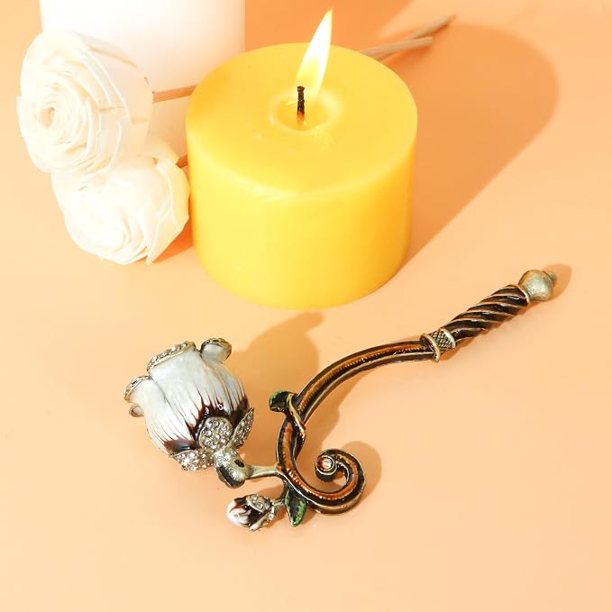 Candle Snuffer Vintage Flower Stopper – Elegant Metal Candle Extinguisher Tool with Long Handle, Decorative White Design for Safely Put Out Flame, Prevents Smoke, Spiritual Gift for Candle Lovers