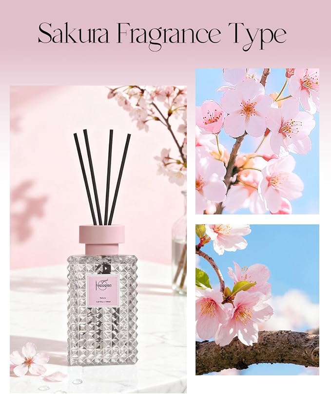 Reed Diffuser Set, Sakura Scented Home Fragrance Air Freshener for Bathroom Shelf Decor, 5.07 fl oz/150ml Essential Oil with Sticks