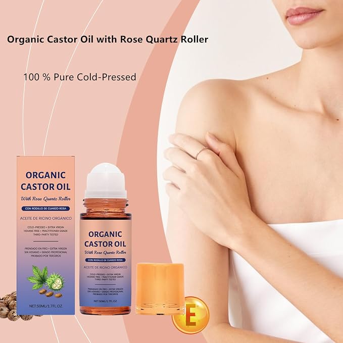 2PC Organic Castor Oil Roll On with Rose Quartz Roller, 100% Pure Cold-Pressed Castor Oil Rose Quartz Roller Ball for Hair Growth, Eyelashes & Eyebrows, Moisturizes Skin, Hexane-Free(50ml)