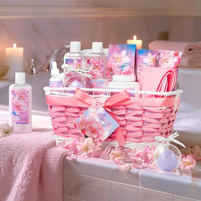 Spa Bath & Body Gift Set for Women, Large Spa Gift Set Basket for Women | Cherry Blossom Bath and Body Gift, spa kit Self Care Pampering Kit, Diffuser, Home Spa, cosmetic Bag, Birthday, Bridal Shower