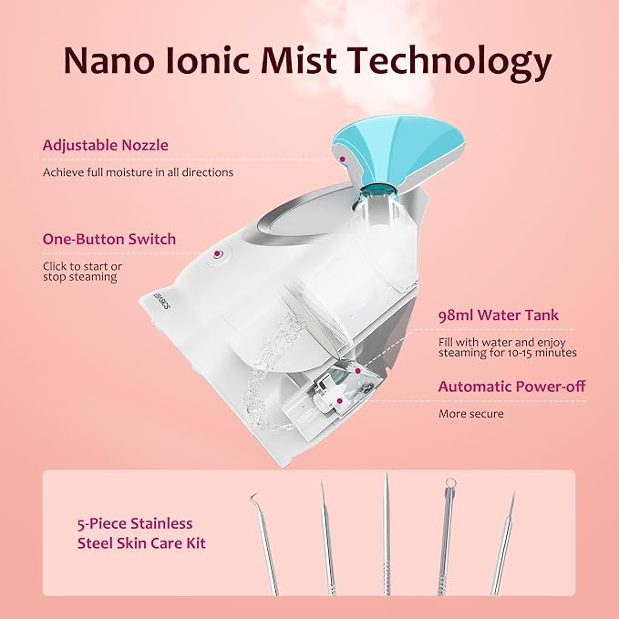 EZBASICS Facial Steamer - Professional Nano Ionic Face Steamer for Facial Deep Cleaning, Warm Mist Humidifier for Home Spa, Unclogs Pores Sinus, Bonus 5 Piece Stainless Steel Skin Kit (Blue)