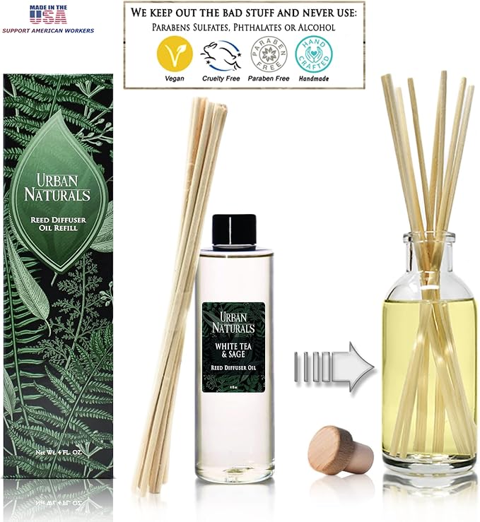Urban Naturals Reed Diffuser Oil Refill White Tea & Sage, Sparkling Bergamot, Fresh Sage, 4 oz + Free Reed Sticks, Made in the USA