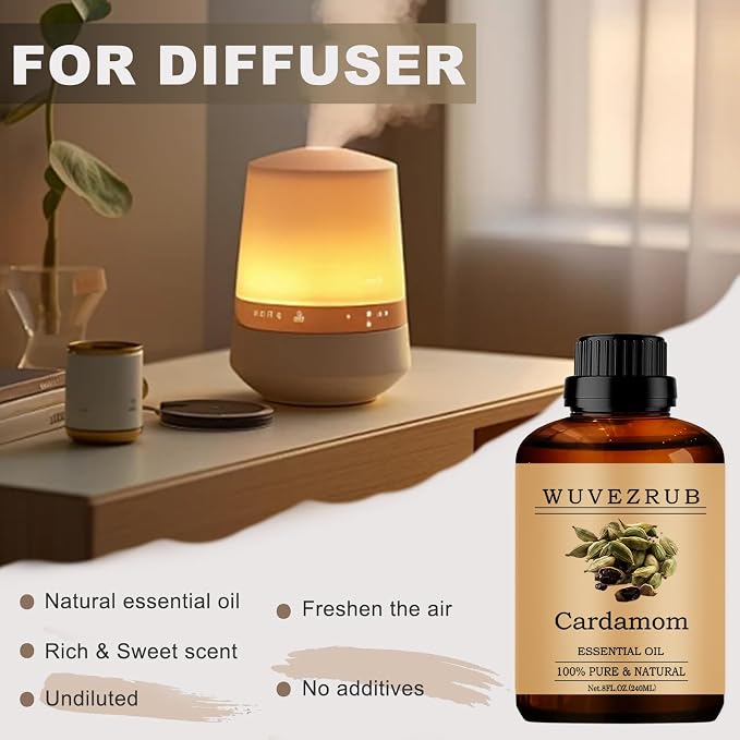 Cardamom Essential Oils, 240ML Pure and Natural Essential Oil for Aromatherapy Diffuser - Cardamom /8 Fl Oz