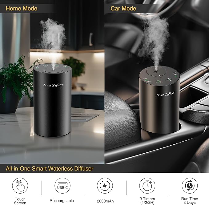 Waterless Essential Oil Diffuser Starter Kit - No Water Needed, Battery Operated Mini Scent Air Machine, Included 3x20ML Essential Oils, Portable Aromatherapy Diffuser for Home & Car & Office, Black