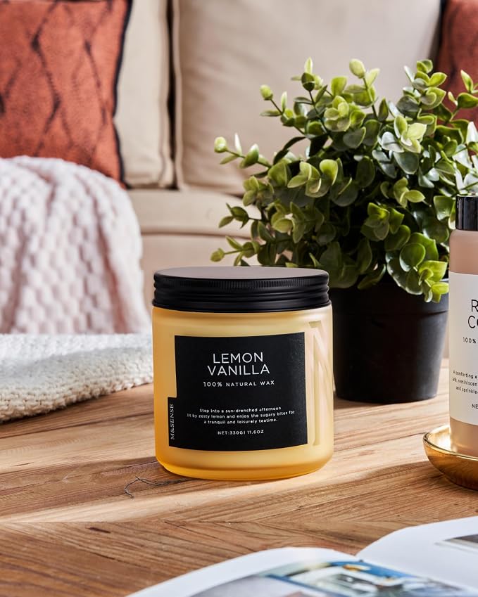M&SENSE Lemon Vanilla Home Scented Candles, 11.6oz Organic Soy Wax, 70-Hour Clean Burning, Natural Candles Non Toxic, Citrus Scent for Relaxation, Aromatherapy Housewarming Gift for Men Women