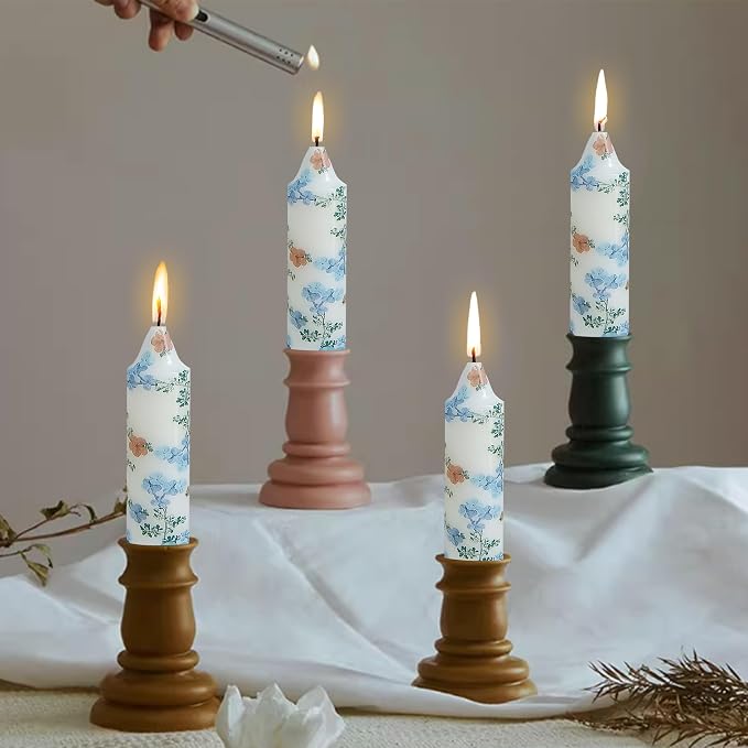 5 inch Short Candle Blue Floral Candle Sticks Printed Candlestick Handmade Unscented Taper Candle 4 Pack Blue Flower Tapered Candles for Home Dinner Wedding Holiday