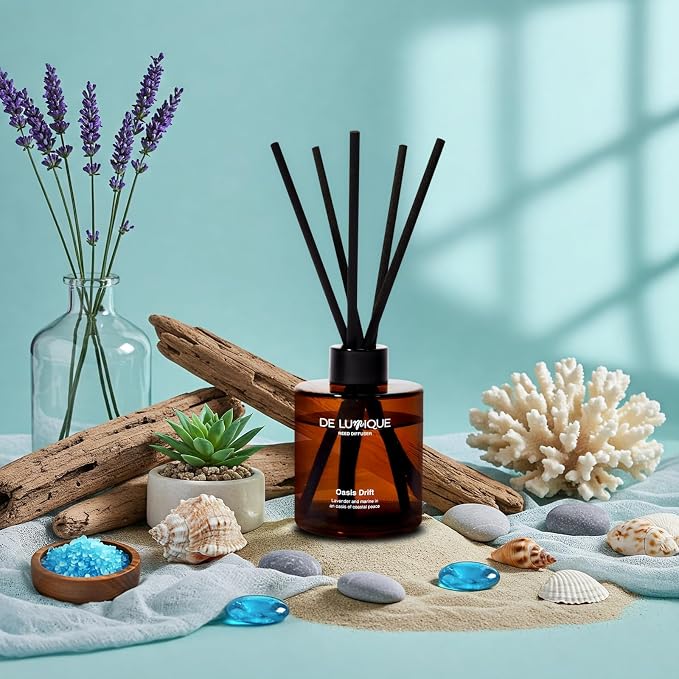 Oasis Drift Scent Luxury Reed Diffuser – Home Fragrance Diffuser with Lavender, Marine, and Watermelon – Long-Lasting Scent for Bathroom, Bedroom, or Living Room – 150ml