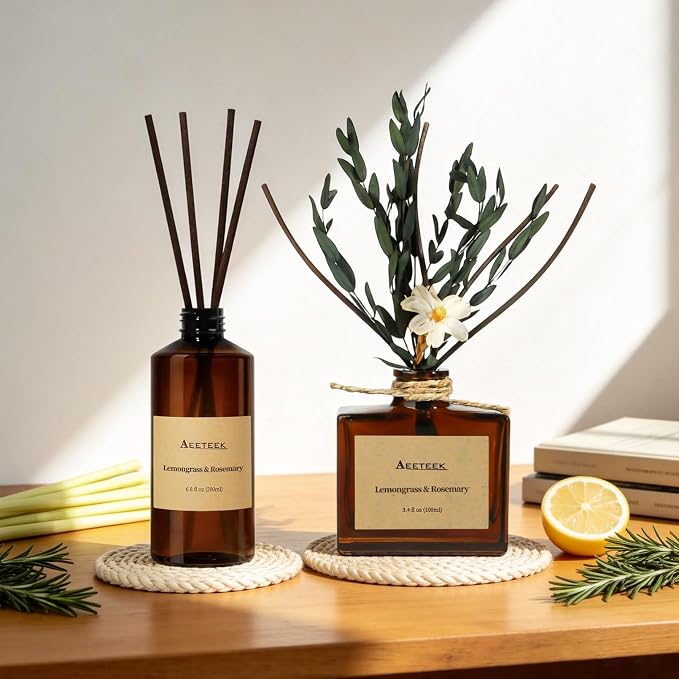 Reed Diffuser, Lemongrass Rosemary Fresh Ginger Scented Oil Refill with Diffuser Sticks, 6.8 Fl Oz (200ml) Essential Oil Diffuser for Bathroom, Elegant Fragrance for Room Decor
