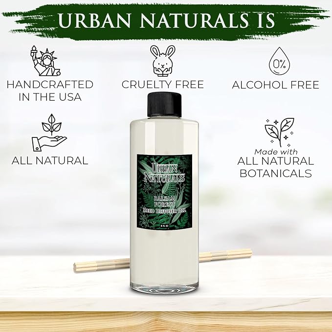 Urban Naturals Reed Diffuser Oil Refill Balsam Forest with Balsam Fir, Pine Needles, Evergreen, Cedar, Sandalwood 8 oz + Free Reed Sticks, Made in the USA
