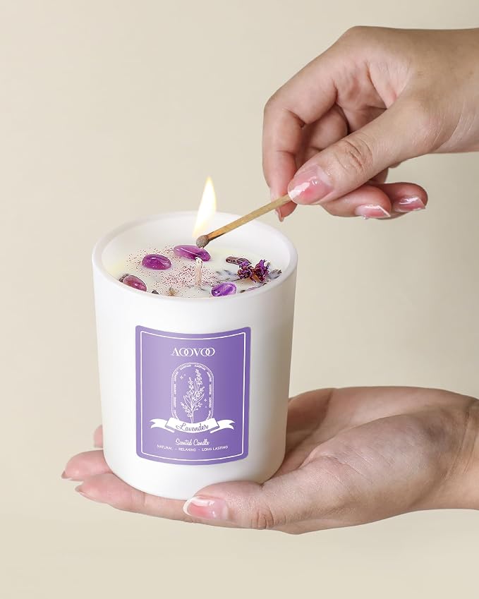AOOVOO Lavender Scented Candle Set 2 Pack, Infused with Energy Crystals, The Scent Blends with The Energy to Create a Relaxing Atmosphere
