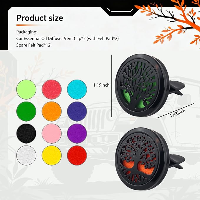 2PCS 30mm Tree of Life Car Essential Oil Diffuser Vent Clip,Stainless Steel Car Diffusers for Essential Oils as Decoration with 12 Felts,Stylish Essentials Oil Cars Diffuser Vent Clips