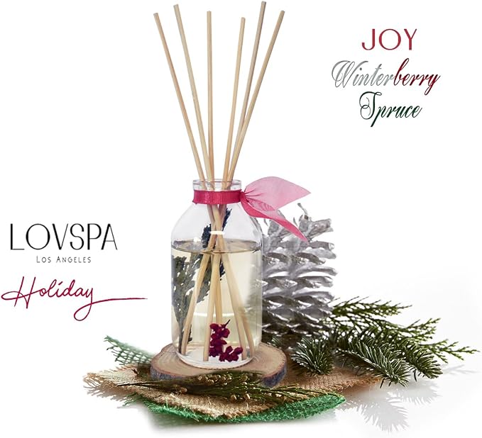 Joy Winterberry Spruce Reed Diffuser Set, Room Fragrance, Spa Scent | Evergreen, crisp berries, and subtle spices profile, bathroom decor, decorative glass bottle, home aroma, entryway