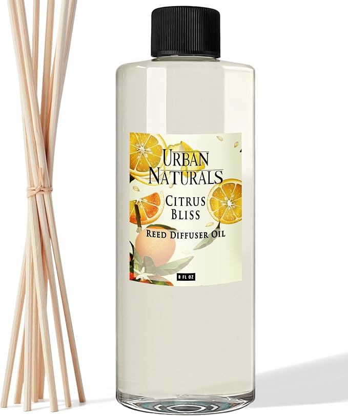 Urban Naturals Reed Diffuser Oil Refill Citrus Bliss with Mandarin, Grapefruit, Lemon Water, Clementine, Green Notes 8 oz + Free Reed Sticks, Made in the USA