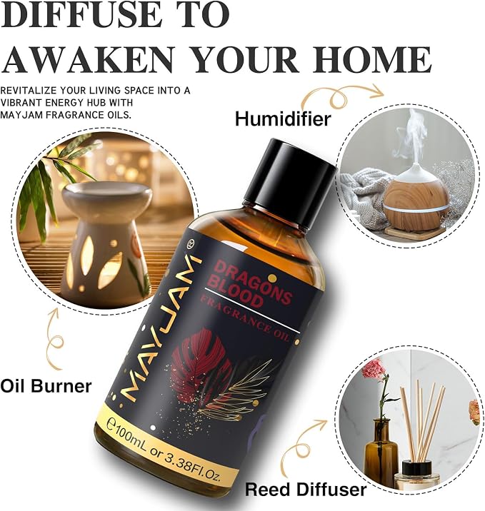 MAYJAM 100ML/3.38FL.OZ Dragons Blood Fragrance Oils with Glass Dropper, Essential Oils for Diffusers for Home, Long Lasting Scented Oils for Diffusers Soap Candle Making