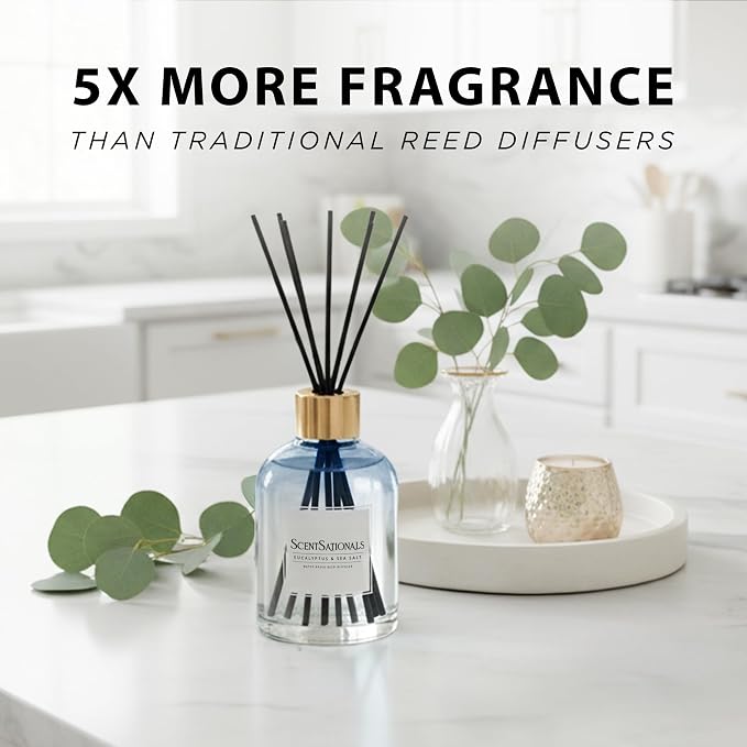 ScentSationals Water-Based Reed Diffuser - Eucalyptus & Sea Salt - 5 FL OZ Aromatherapy Reed Diffuser
