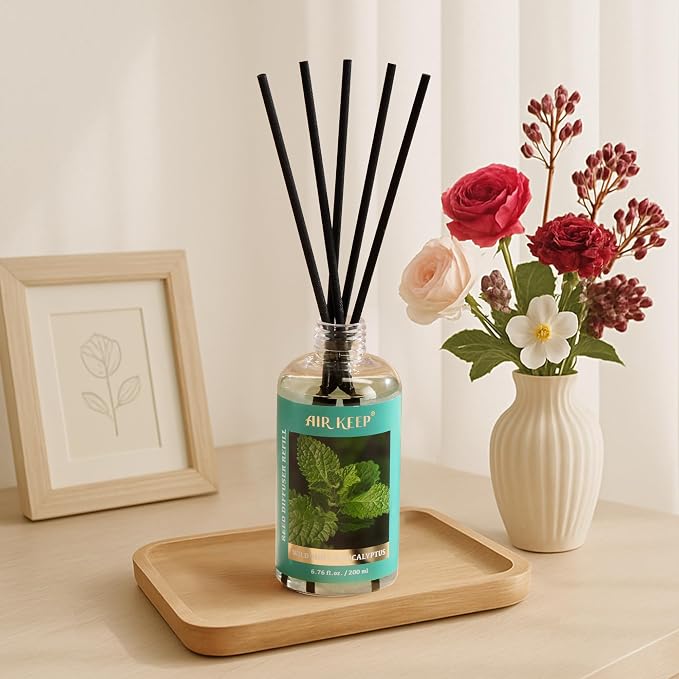 Airkeep Reed Diffuser Oil Refill with Diffuser Sticks, 6.76 Fl Oz(200ml) Wild Mint&Eucalyptus Scented Oils, Aroma Therapy, Home Fragrance & Air Freshener, Office Décor, Decoration