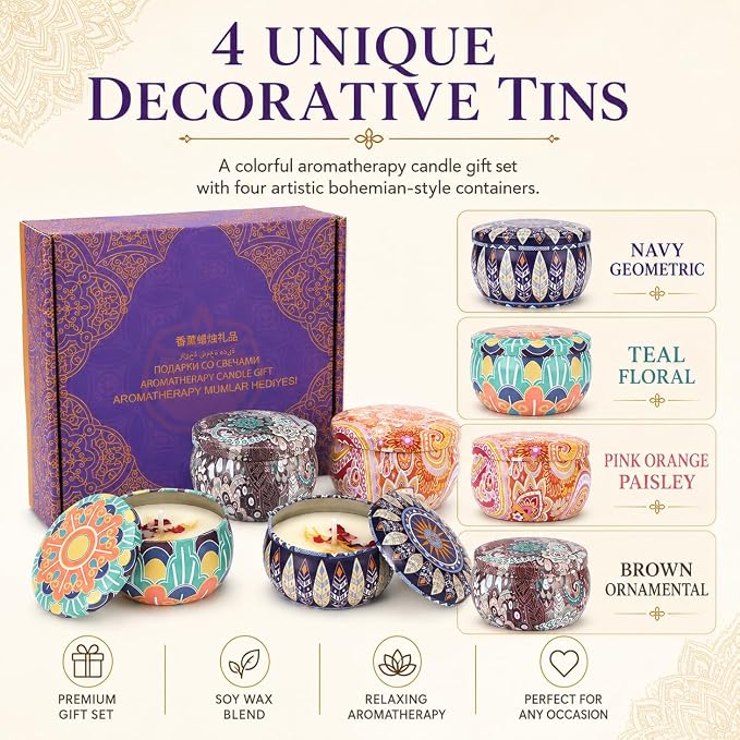 Scented Candles Gift Set for Women, Soy Aromatherapy Candles, 4 Pack | Lavender, lemon, vanilla and white peach soy candles for home decor, bath, yoga, travel, Mother's Day and gifts for women.