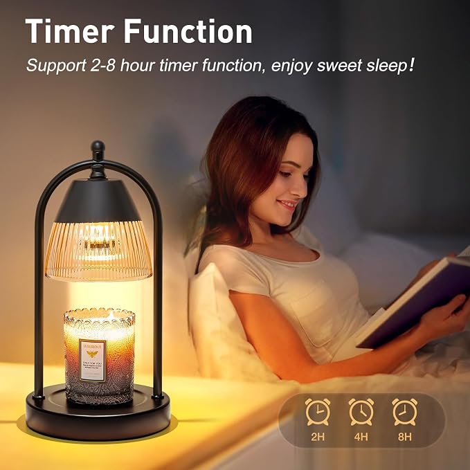 GyroVu Candle Warmer Lamp with Timer, 3-Level Dimmable Candle Lamps with Glass Shade, Electric Candle Light Wax Melt Warmer for Scented Wax, Black Warmer Lamp for Women Home Decor (2 Bulbs Included)