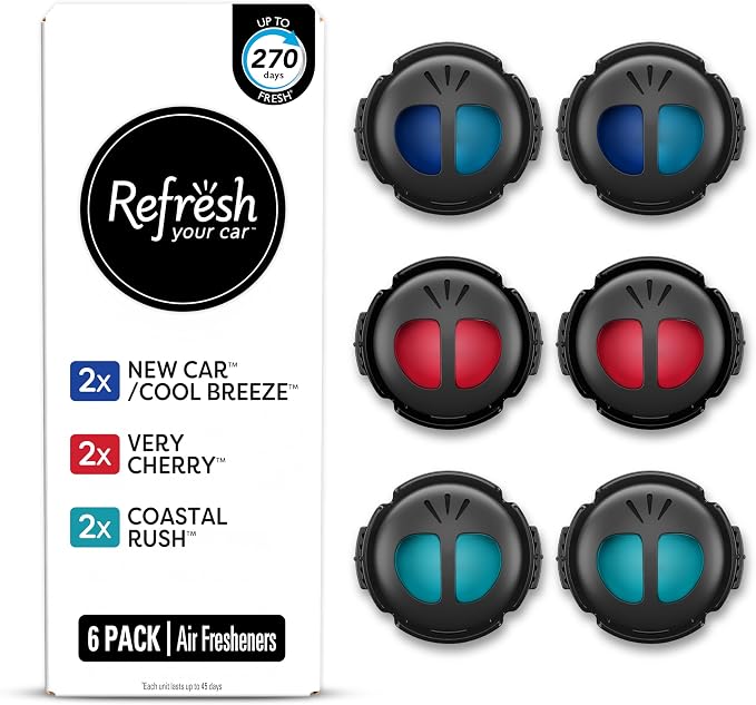 Refresh Your Car Mini Diffuser Car Air Fresheners Variety Pack, New Car/Cool Breeze, Very Cherry, and Coastal Rush Scents, 6 Pack