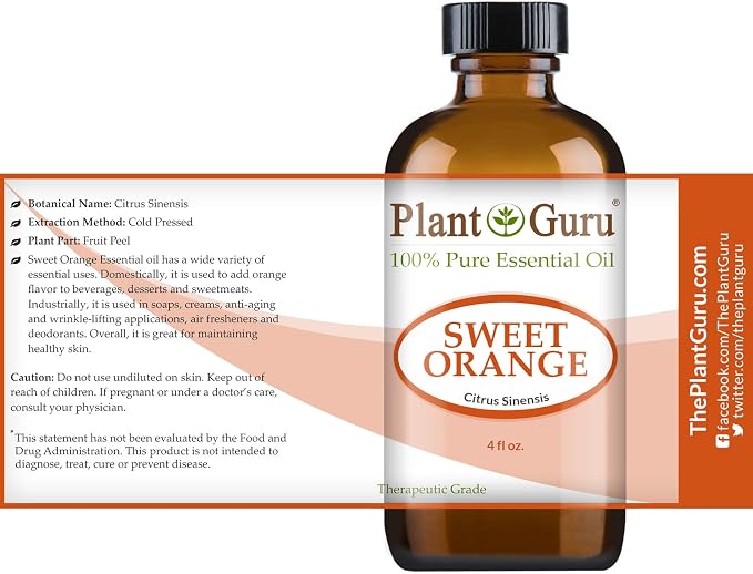 Sweet Orange Essential Oil 4 oz 100% Pure Undiluted Therapeutic Grade Citrus Sinensis, Cold Pressed from Fresh Orange Peel, Great for Aromatherapy Diffuser, Relaxation and Calming, Natural Cleaner.