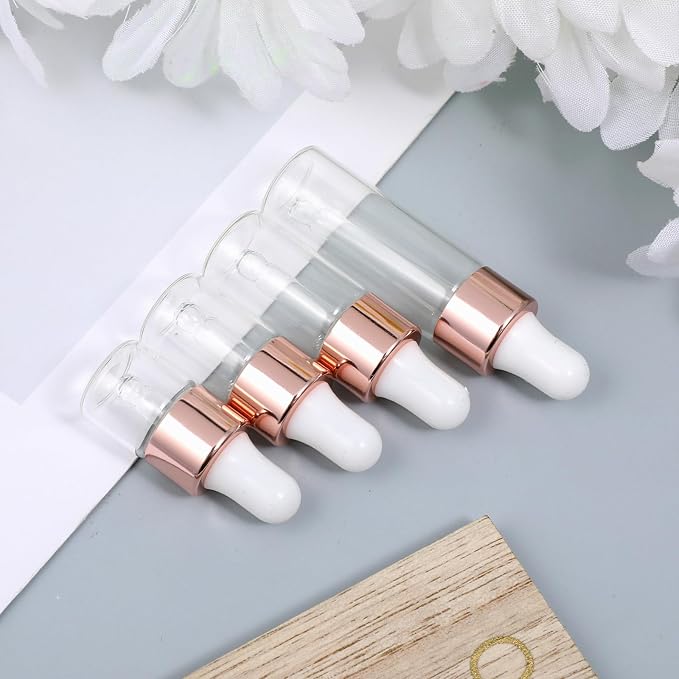 8 Pack Eye Dropper Bottle Rose for Essential Oils Mini Dropper Bottle Glass Vials Bottles Empty Travel Oil Droppings Bottles with Cap for Essence Liquid Cosmetic Containers (1ml, 2ml, 3ml, 4ml)