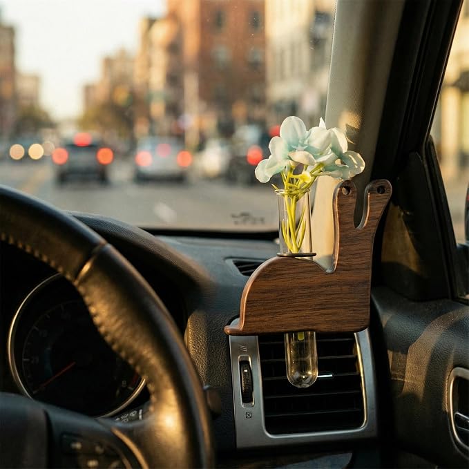 Little Glass Flower Vase Air Vent Clip, Wooden Stand Car Aroma Diffuser, Car Air Vent Decor Plant Holder, Auto Interior Decorations (Black Walnut Snail)