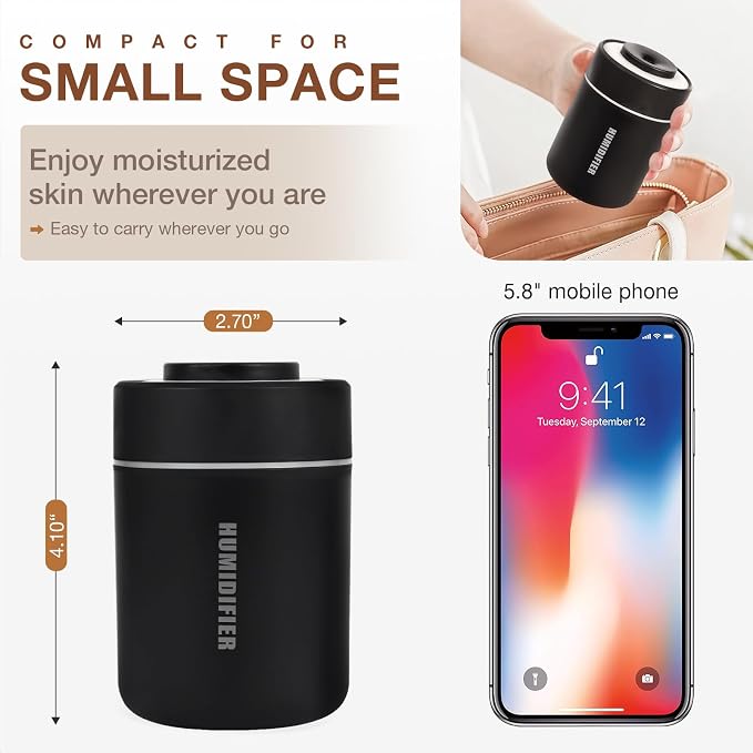 Small Mini Humidifier, USB Desk Cool Mist Humidifier Personal Portable Quiet Table Desktop Humidifiers for Cooling Home Office Car Summer Travel (180ml, Black)