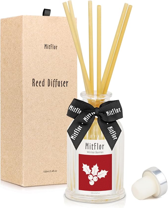 Reed Diffuser, MitFlor Winter Berries Fragrance Diffuser Set with Natural Rattan Sticks, Holiday Scent Oil Diffuser for Bedroom, Bathroom and Home Décor, 3.4 fl oz