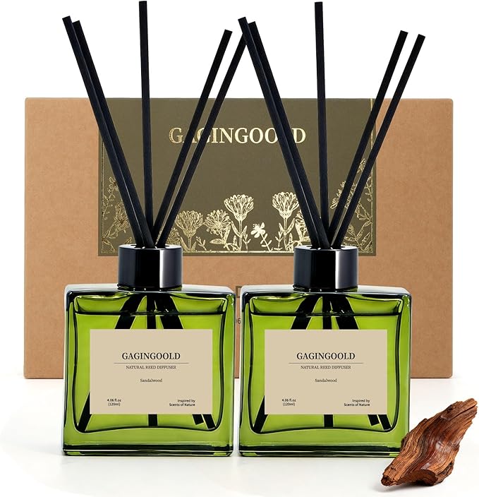 Reed Diffuser Set, 4 fl oz Earthy Sandalwood 2 Pack Scent Diffuser with 20 Sticks, 180 Days Long Lasting Elegant Home Fragrance for Bathroom Bedroom Office Decor Air Fresh