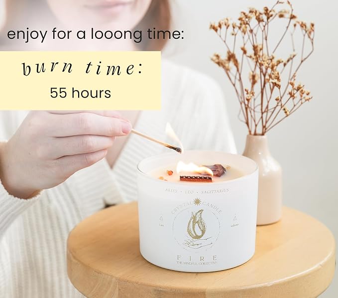 Aries, Leo, Sagittarius Gifts for Women - 12oz Wood Wick Candles that Crackle with Crystals and Healing Stones. Healing Crystal Candles for Women Home Scented. Soy Wax, for Zodiac Birthdate