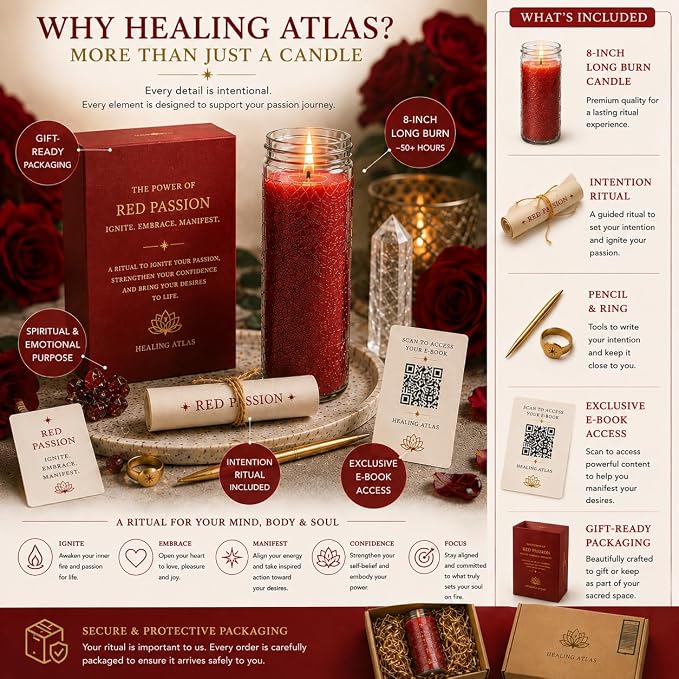 Red Passion Manifestation Candle Kit – 8" Ritual Prayer Candle with Intention Scrolls, Pencil & QR Guide for Passion, Confidence, Motivation & Strength