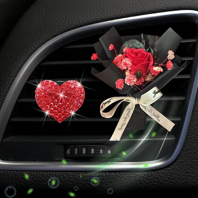 Mini Dried Flowers + Heart Car Vent Clips-Decorative Air Outlet Bouquets with Floral Scent,Fragrance Diffusers for Vehicle Interior Decor,Automotive Air Freshener Decorations (Red, Random fragrance)